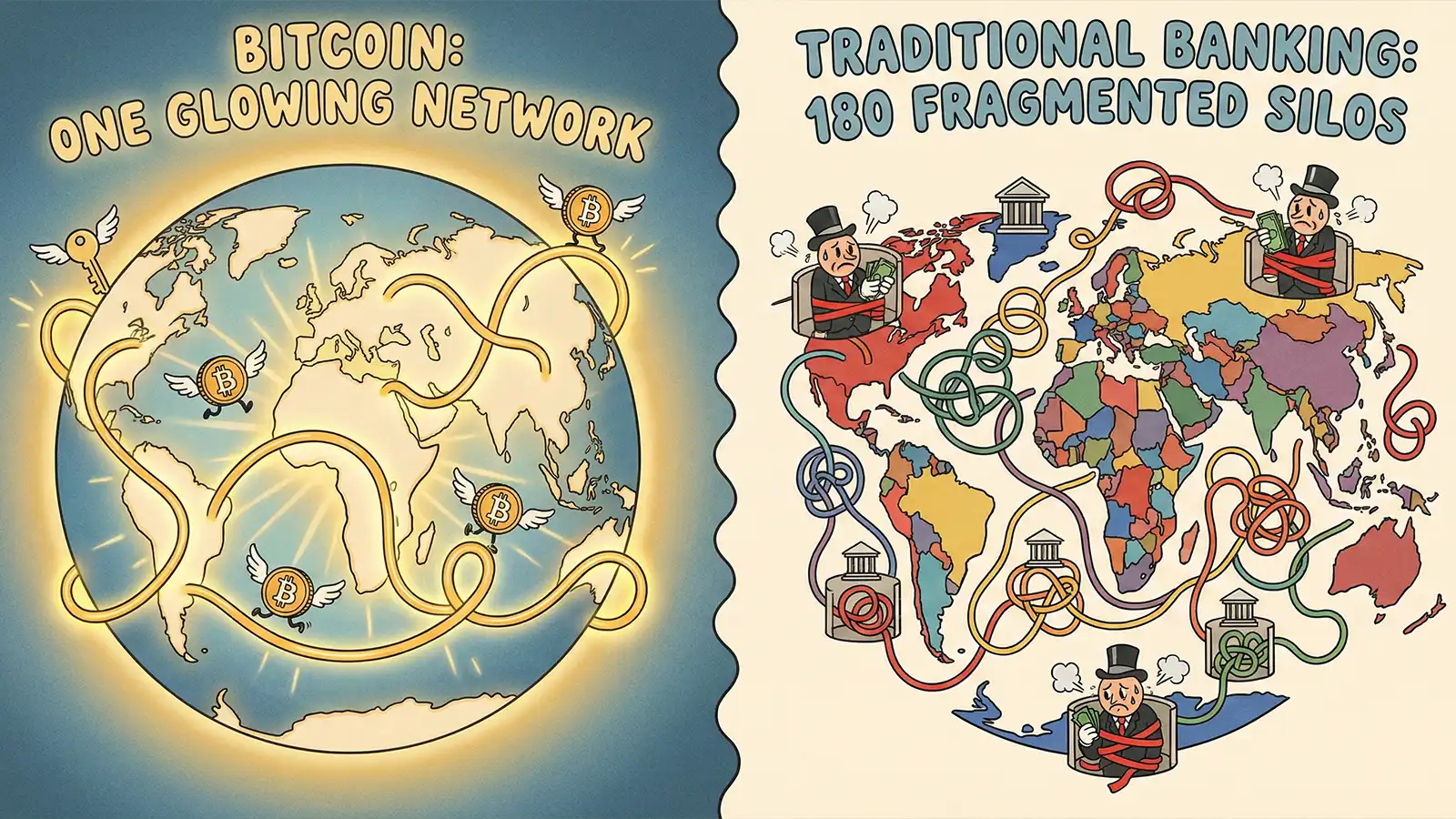Comparison map showing Bitcoin's unified global network versus the fragmented 180 local fiat currency silos.