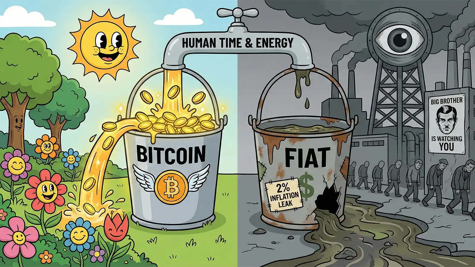 Comparison of Bitcoin's deflation versus fiat inflation.