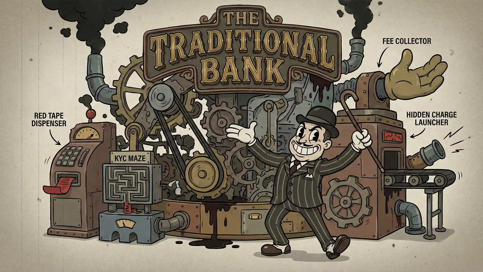 A steampunk Rube Goldberg machine representing the complexity of traditional banking compared to a clean protocol